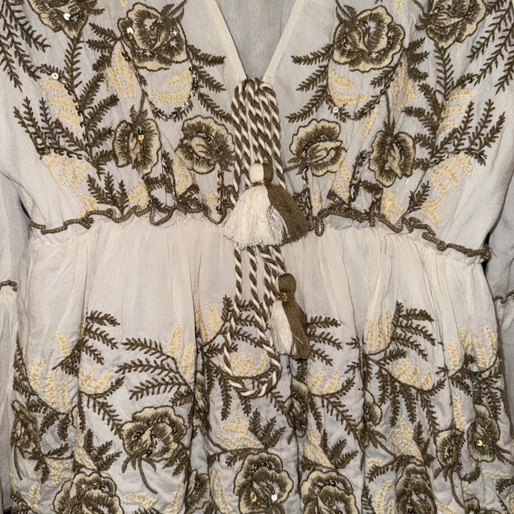 Siya Women's Floral Embroidered Tiered Dress Bohemian Viscose Lined Ivory Gold - Picture 4 of 8